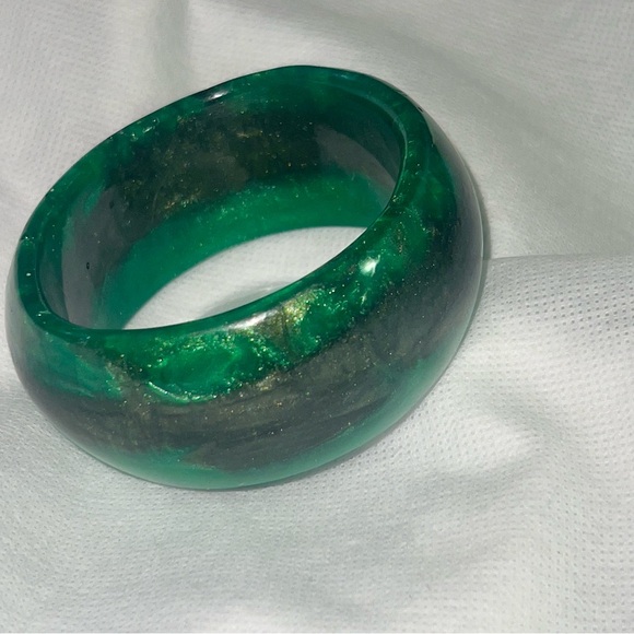 Luscious Dark Jungle Green Swirled Golden Black Wide Bangle Bracelet Handcrafted - Picture 9 of 11